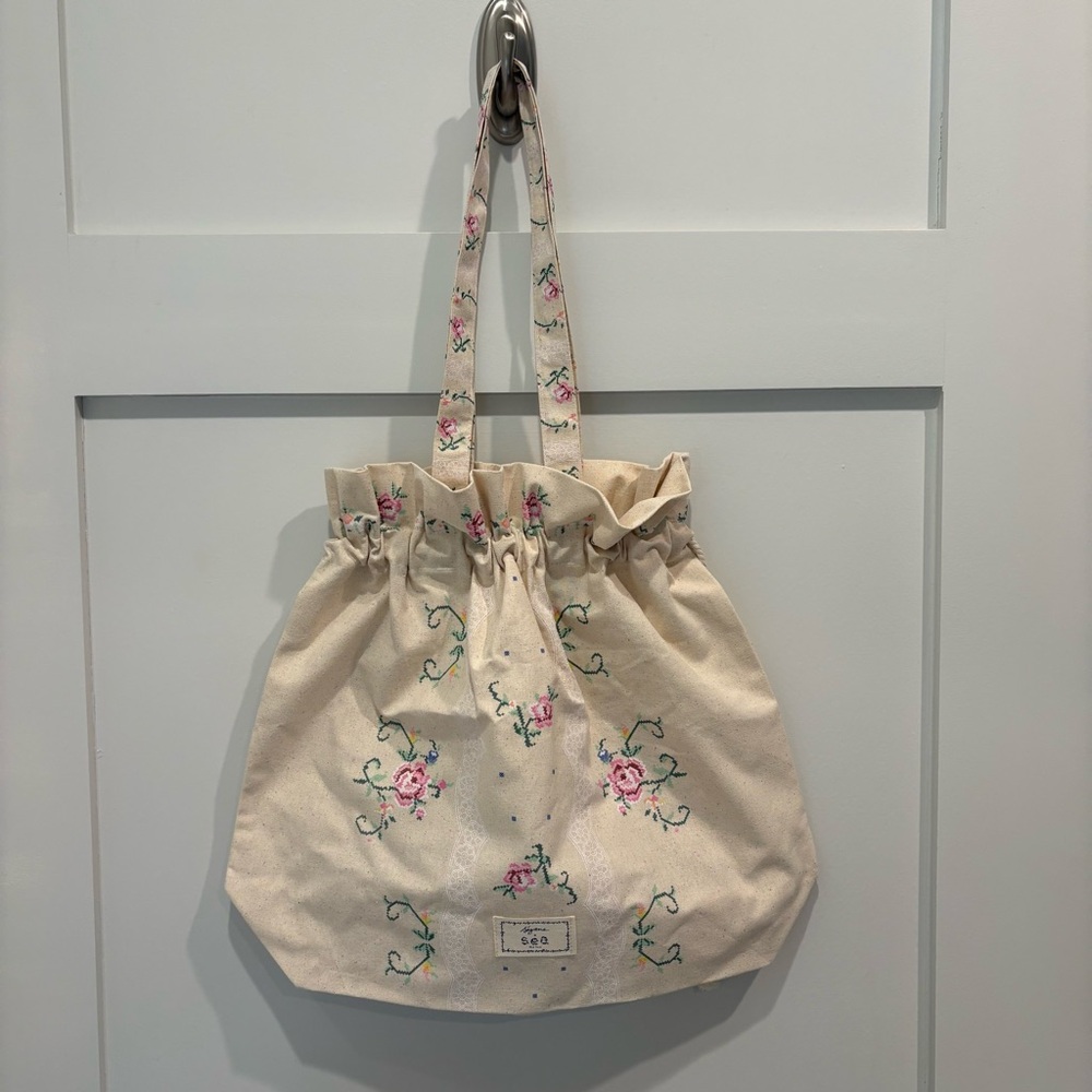 Sezane x Sea Canvas Floral Drawstring Tote Bag Cream with Pink Embroidery